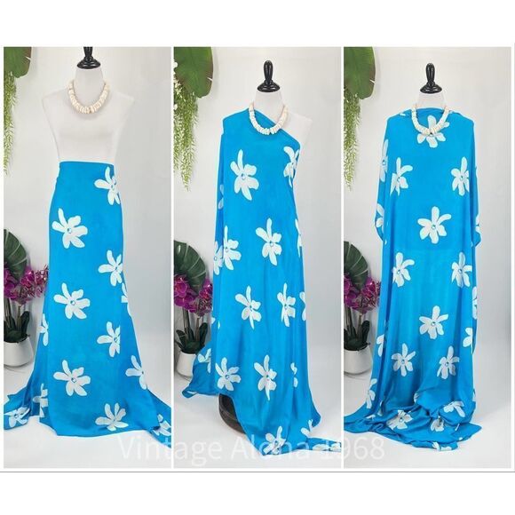 Turquoise/White Tiare' Tropical SARONG Kīkepa Pareo  Beach Wrap Summer Scarf - Picture 1 of 4
